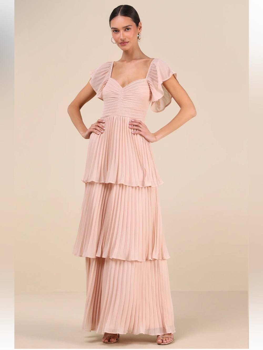 Lulus NWT Notorious Charm Blush Pleated Flutter Sleeve Maxi Dress Wedding Medium